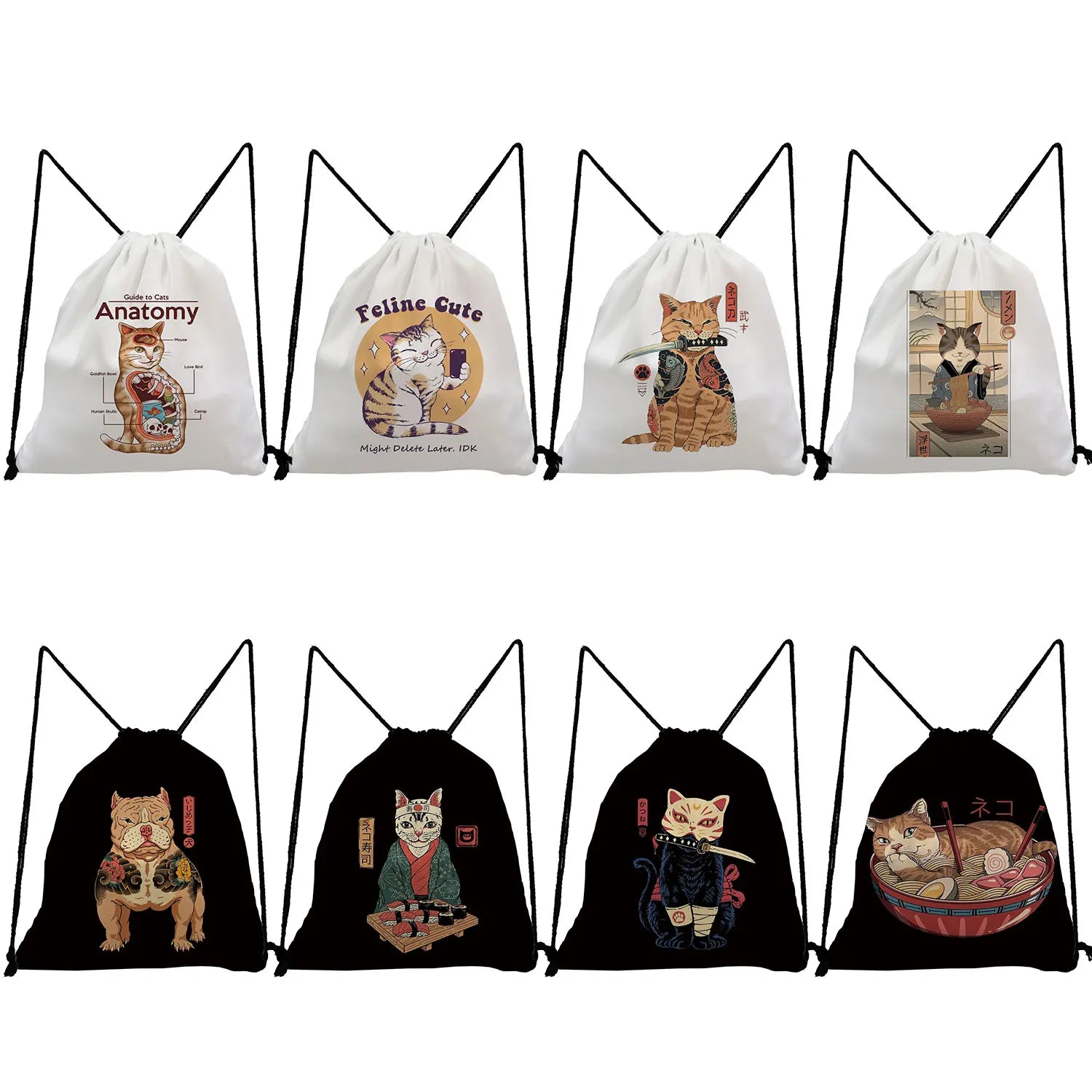 3D Cartoon Anime Samurai Cat Print Backpack Japanese Style Bags
