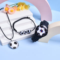 Boys' Football Pattern Sports Watch Set with Bracelet & Necklace