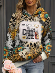 Cowboy Music & Sunflower Print Long Sleeve Hoodie