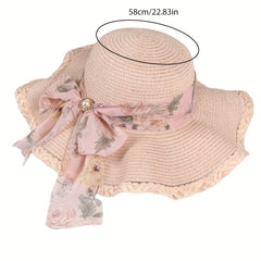 Floral Bow Decor Sun Hat Ruffles Wide Brim Floppy Straw Hat