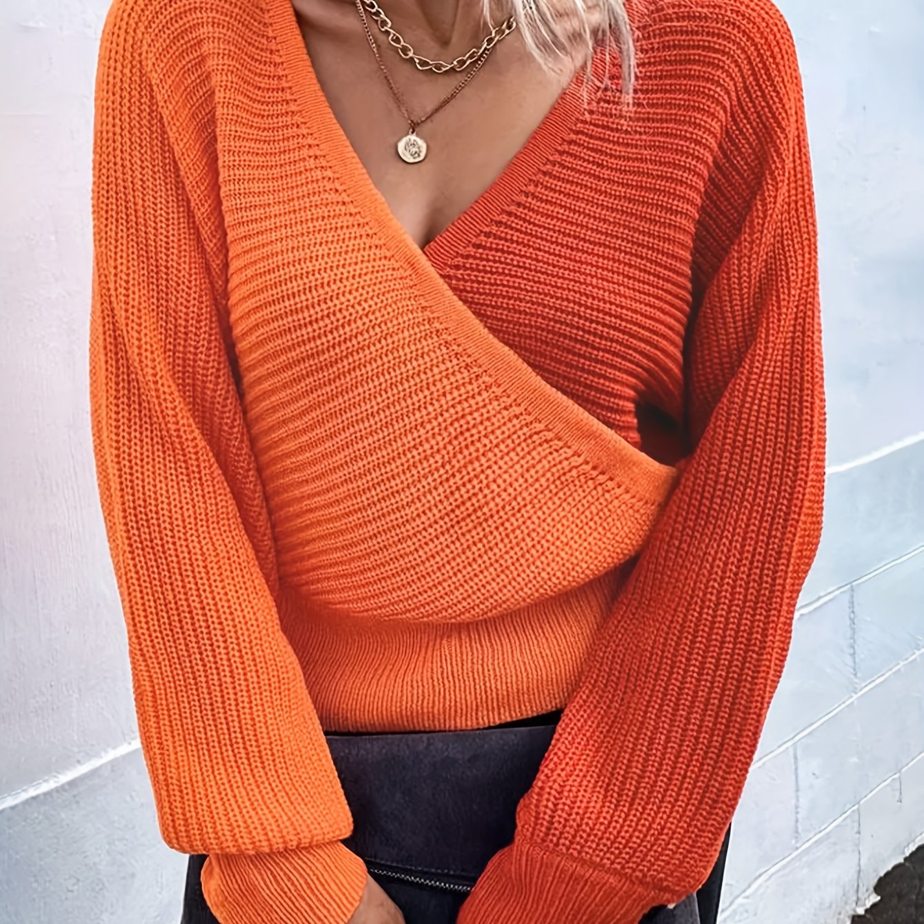 Colorblock Long Sleeve Surplice Neck Sweater