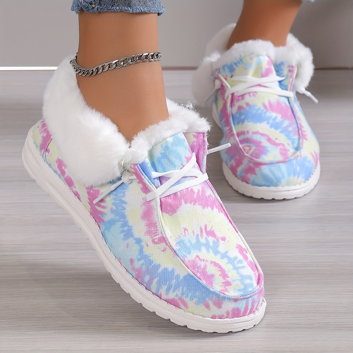 Women's Plush Lined Canvas Shoes Tie Dye Slip On Fuzzy Snow Boots