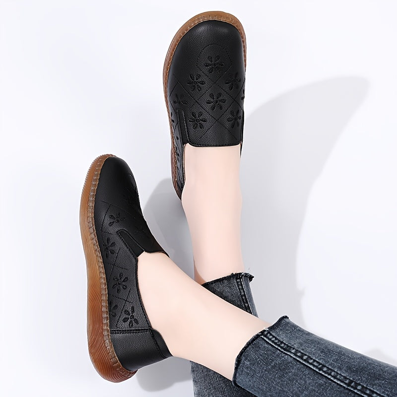 Floral Embroidered Loafers Lightweight Faux Leather Flats Slip On Shoes