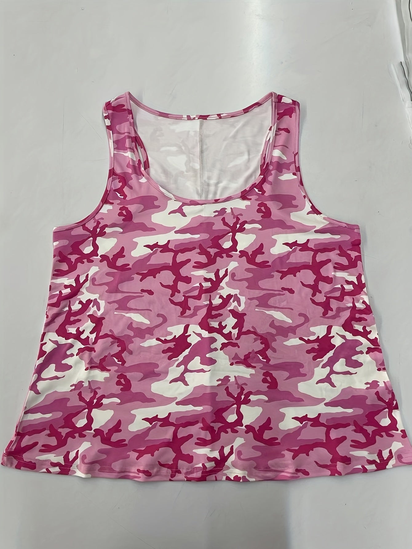 Camo Print Tank Top Round Neck Stretchy Sleeveless Casual Tee