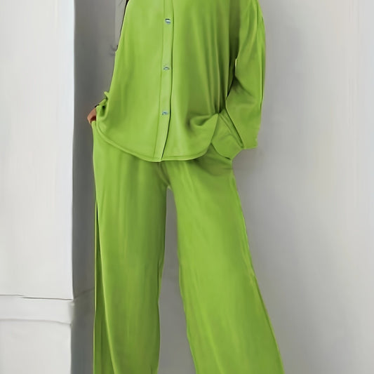 Women's Plus Solid Long Sleeve Shirt & Loose Pants 2 Piece Set