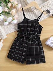 Toddlr Grls Plaid Graphic Belted Cami Romprs Jumpsuits Bch Vctn Kids Summr Clths