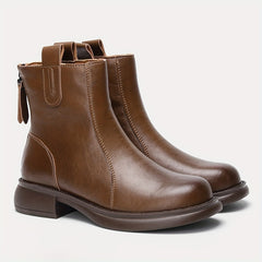 Women's Brown Chunky Heel Boots Warm Plush Lined Leather Boots