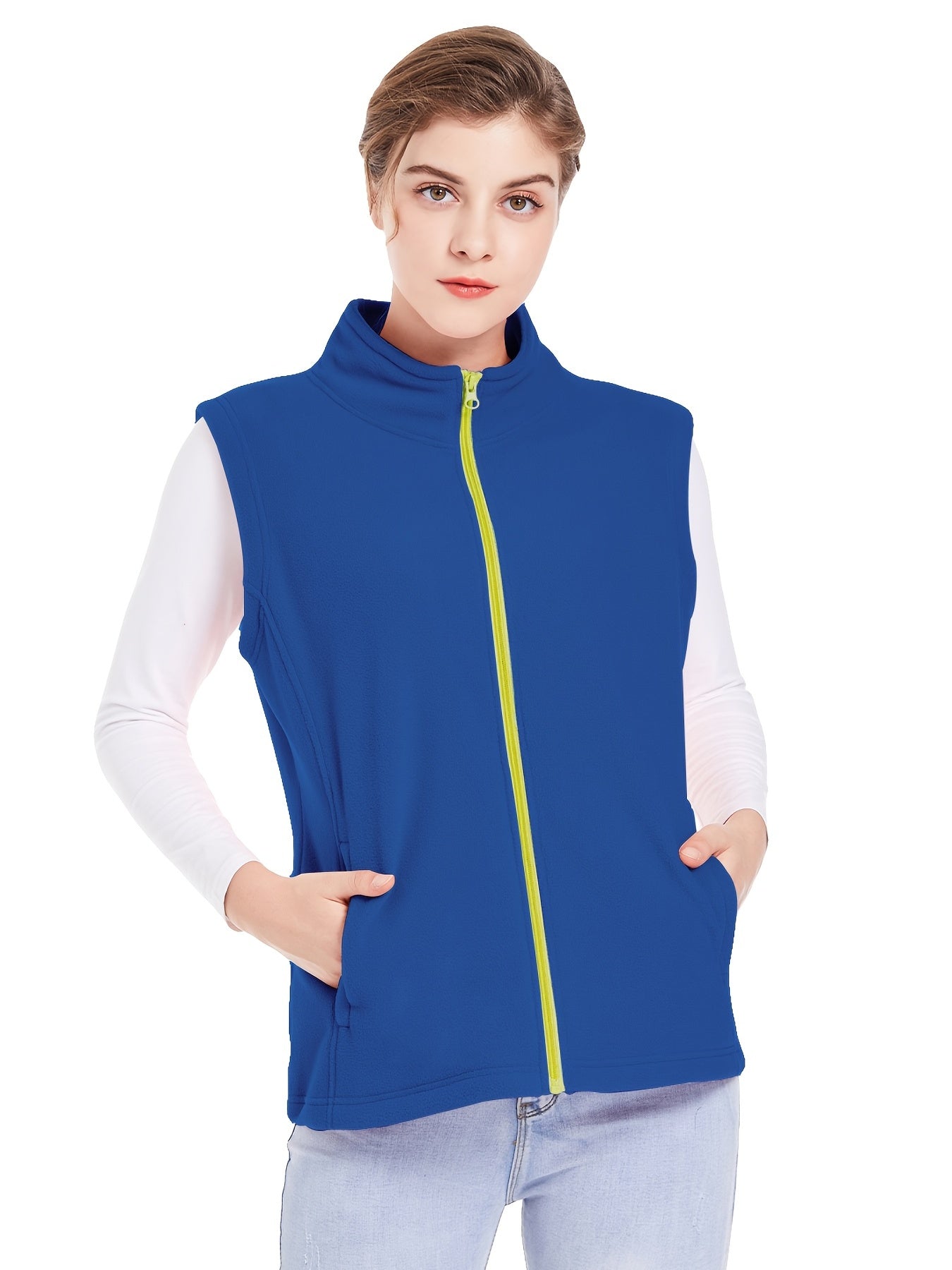 Sleeveless Stand Collar Jacket with Pockets Women's Outerwear