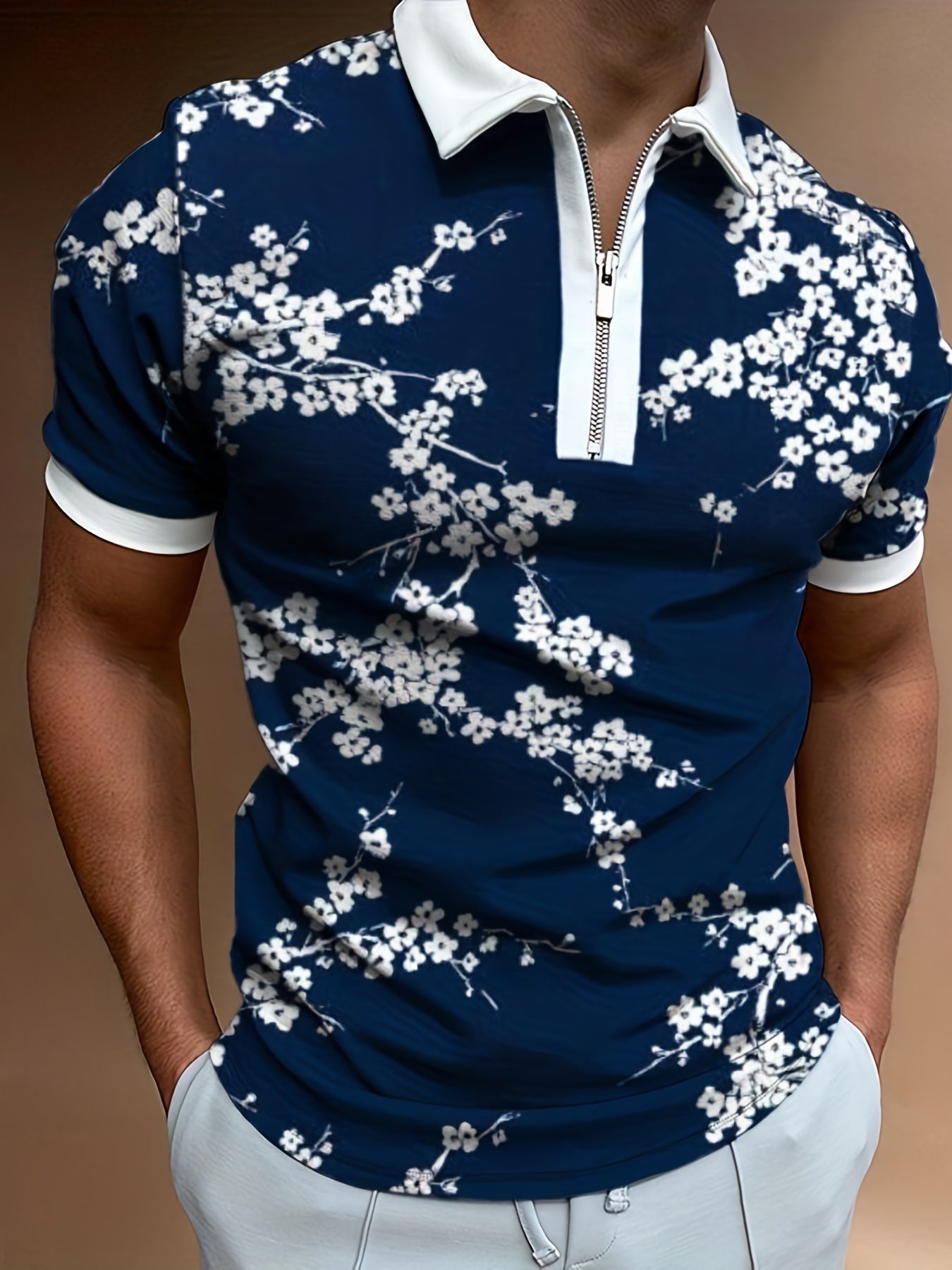 Men's African Print Zip Up Polo Shirt Traditional Design Summer Pullover