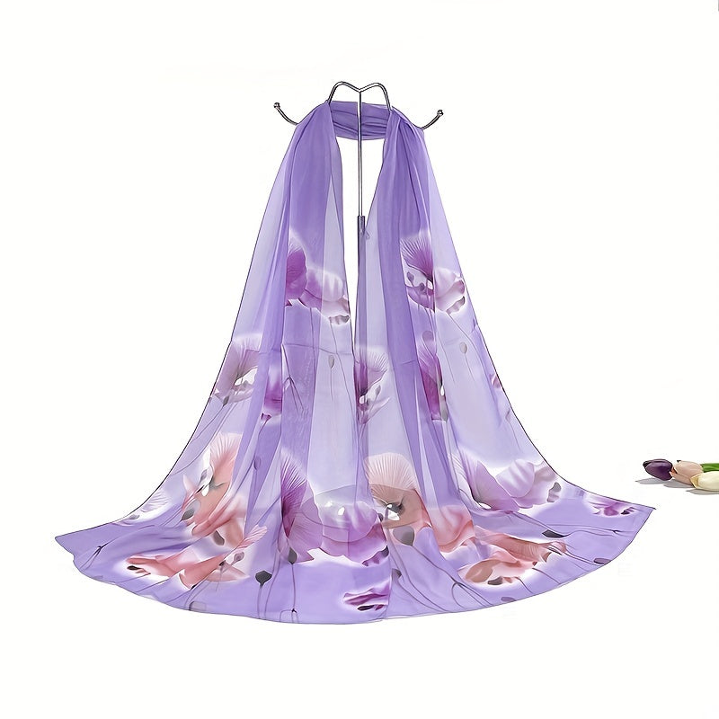 Lotus Print Chiffon Scarf Gradient Thin Gauze Shawl Windproof Head Wrap