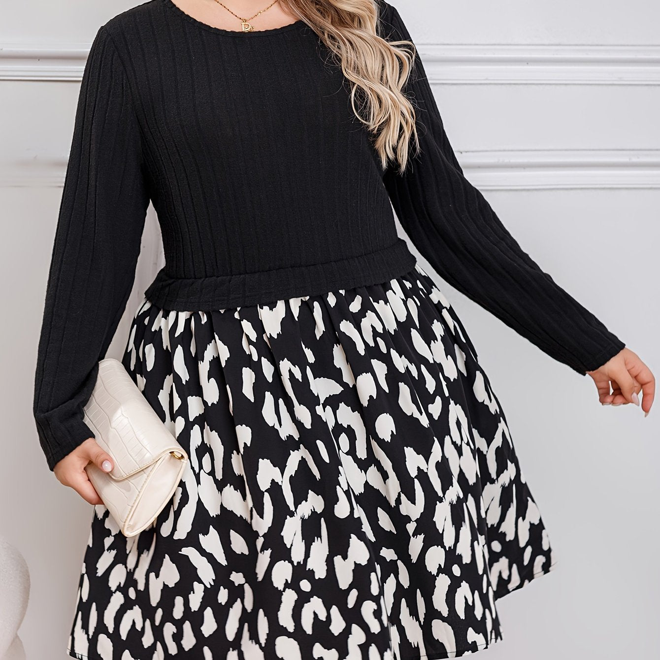 Colorblock Leopard Print Long Sleeve Dress