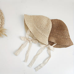 Girls Braided Straw Hat With Lace Straps Sun Protection