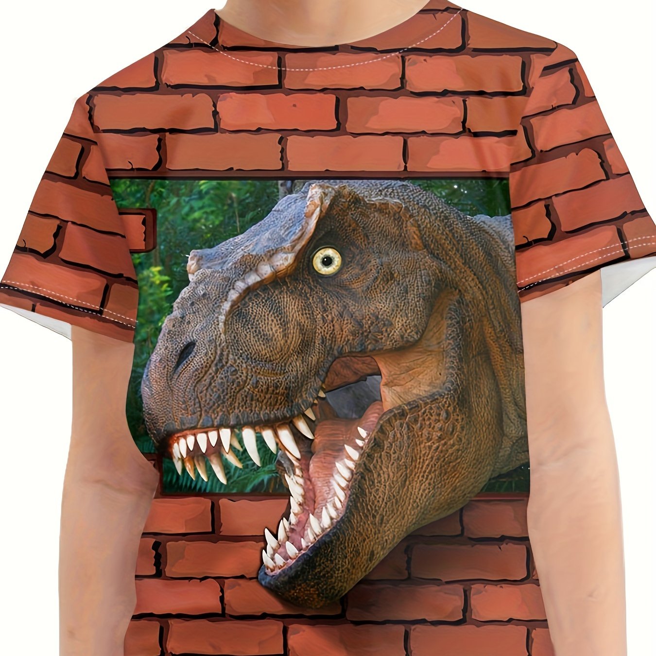 Dino & Brick Wall 3D Print Boys Tee Top Kids Casual Short Sleeve T-shirt