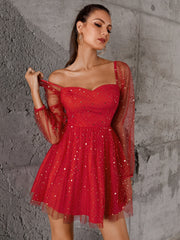 Star & Dobby Mesh Fit And Flare Dress