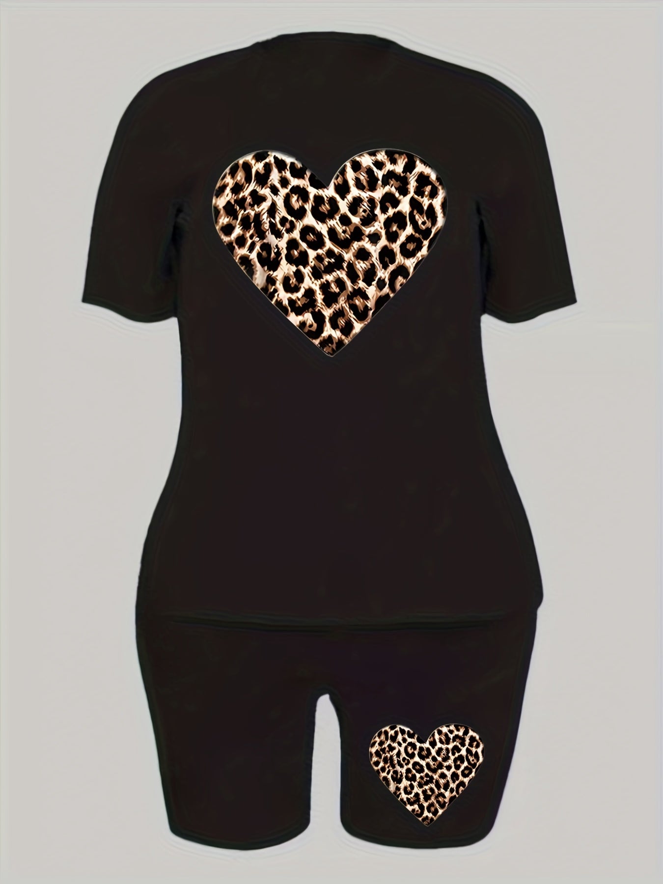 Women's Plus Leopard Heart Print Tee & Shorts Set