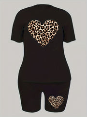 Women's Plus Leopard Heart Print Tee & Shorts Set