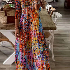 Tie Dye Long Sleeve V Neck Midi Dress