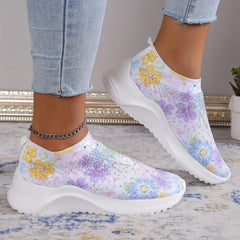 Women's Rhinestone Decor Sneakers Floral Print Slip On Shoes