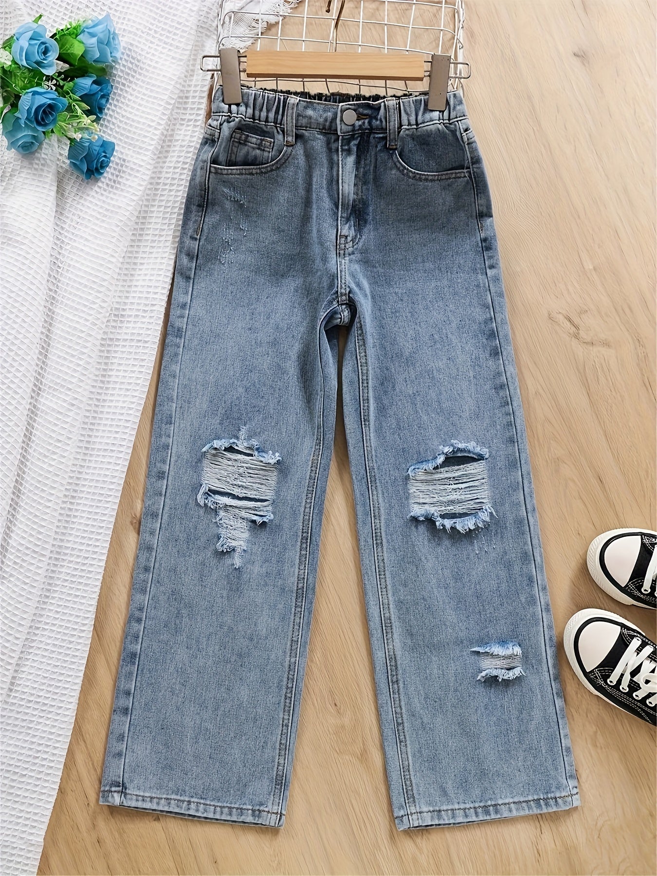 Girls Ripped Denim Pants Comfortable Jeans For Sports Kids