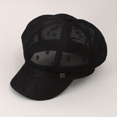 Solid Beret Flower Embroidery Hollow Knitted Newsboy Hat