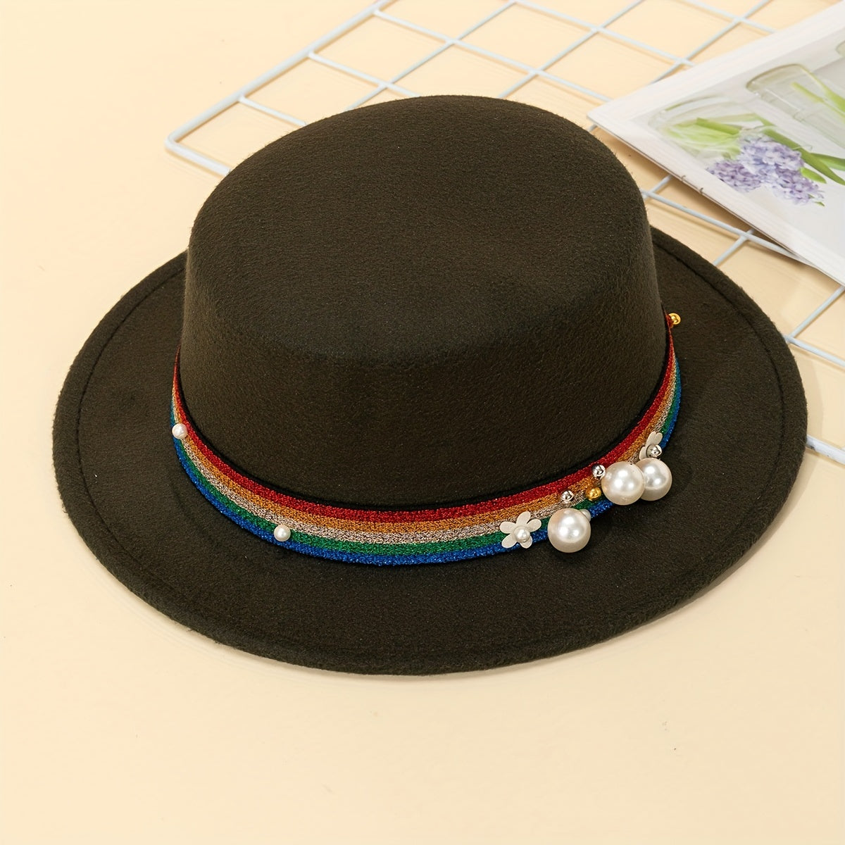 Rainbow Pearl Flat Top Woolen Hat for Adult