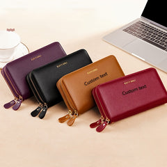 Leather Women'S Wallet with Double Zipper Wrist Strap in Brown and Dark Gray