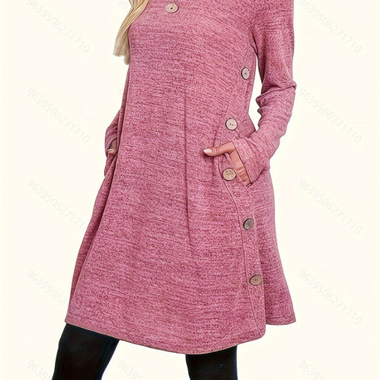 Casual Dress Women's Plus Solid Button Decor Long Sleeve Dress
