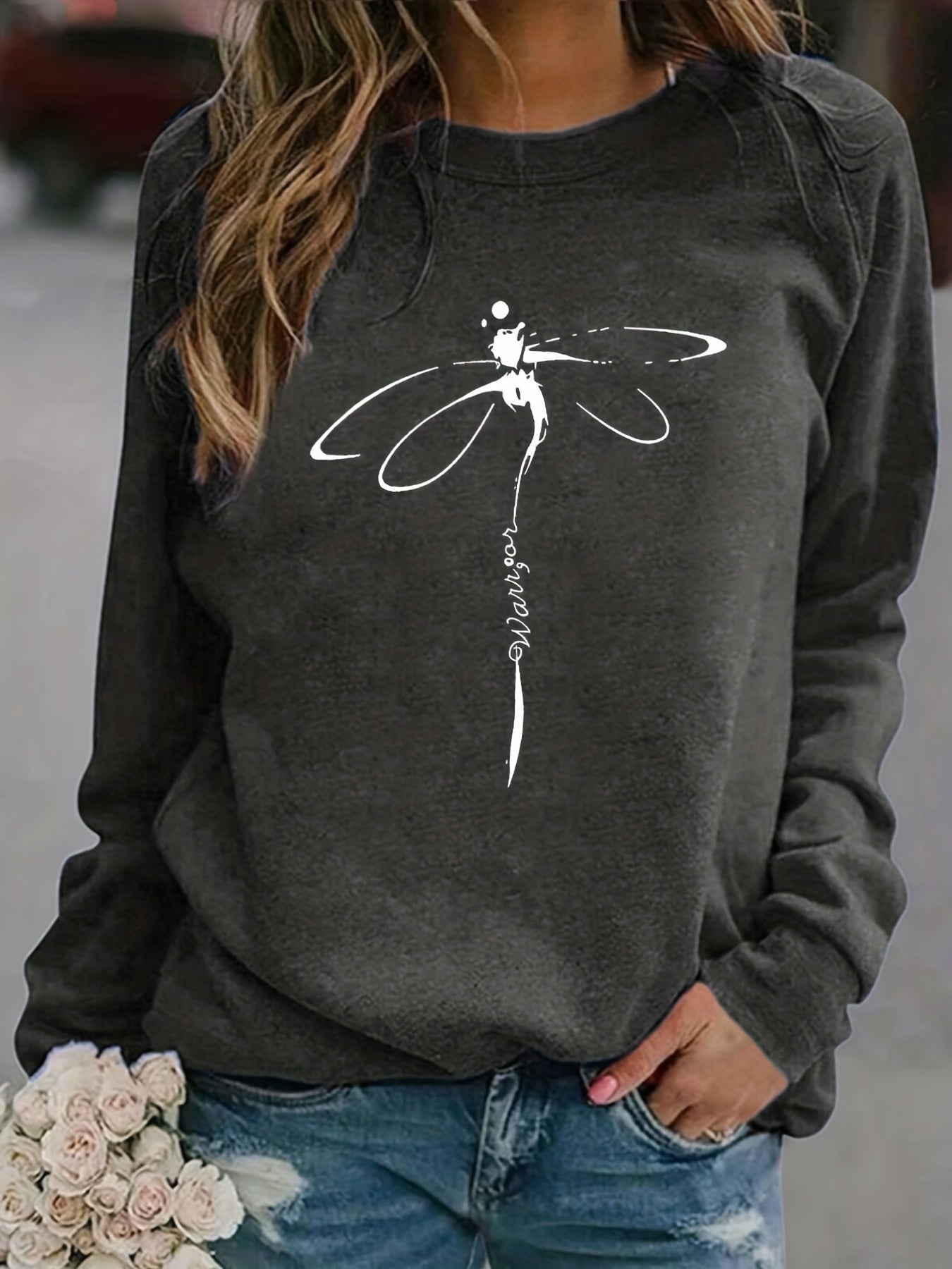 Dragonfly Print Sweatshirt Crew Neck Casual Long Sleeve Women's Clothing