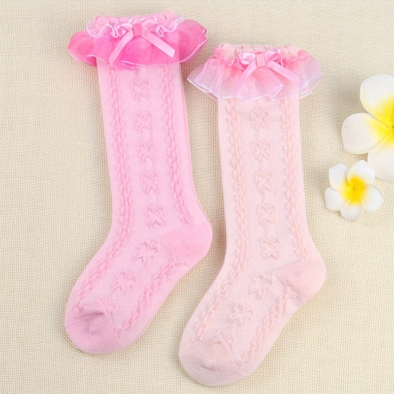 Girls Ruffled Princess Bow Knee High Socks Lace Stockings