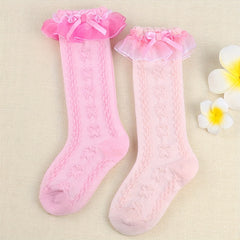Girls Ruffled Princess Bow Knee High Socks Lace Stockings