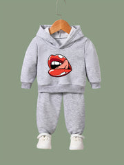 Girls Boys 2pcs Lips Print Hooded Pullover Pants Set Spring Fall