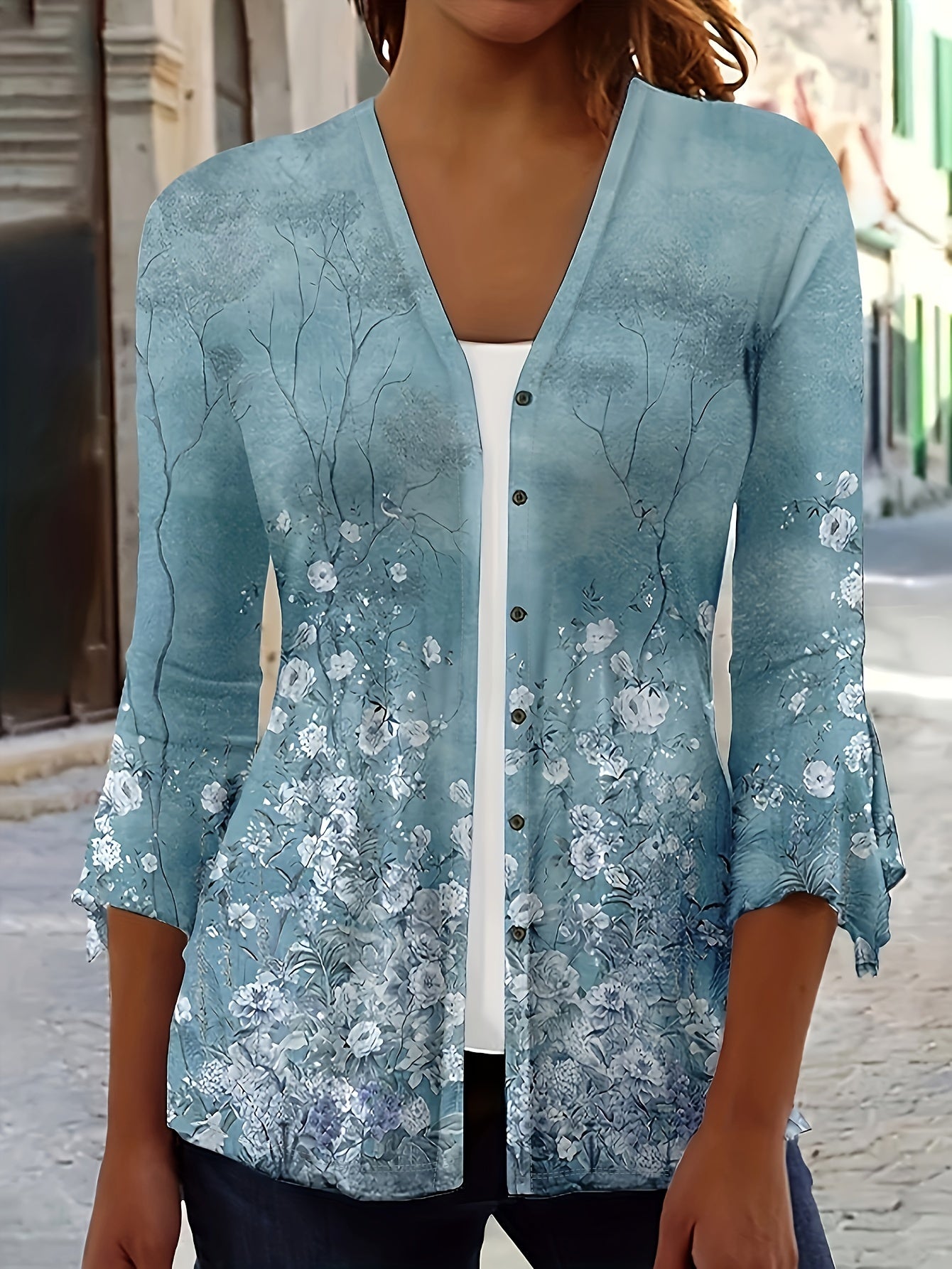 Floral Print Bell Sleeve Button Up Cardigan