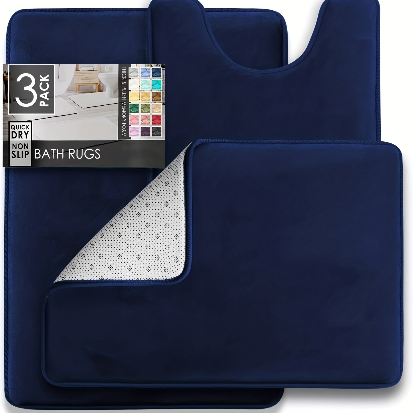 3pc Navy Bathmat Set Non Slip Bathroom Rug Cozy U Shape Mat Toilet Lid Cover Pad