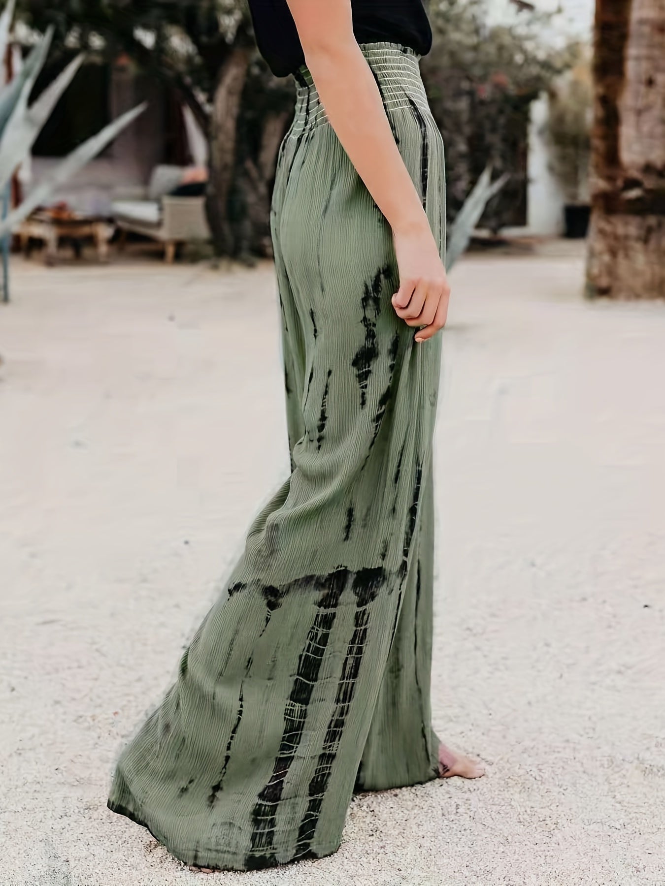 Tie Dye Wide Leg Pants Casual Shirred Waist Pants