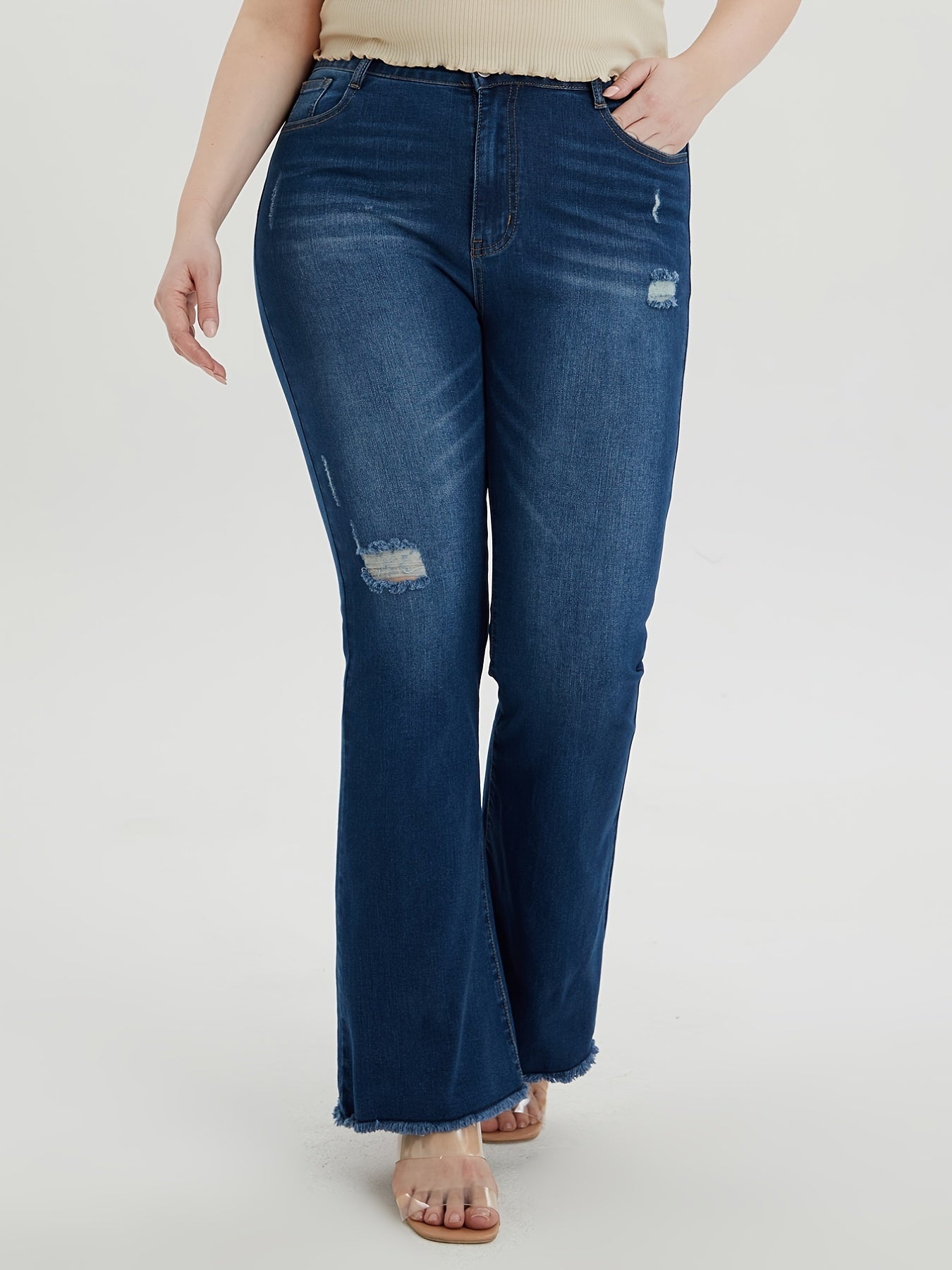 Plus Size Ripped Button Fly Flared Leg Jeans