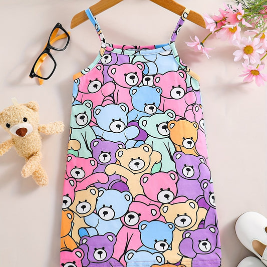 Kid Girls Bear Print Spaghetti Sun Dress Summer Clothes