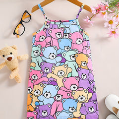 Kid Girls Bear Print Spaghetti Sun Dress Summer Clothes