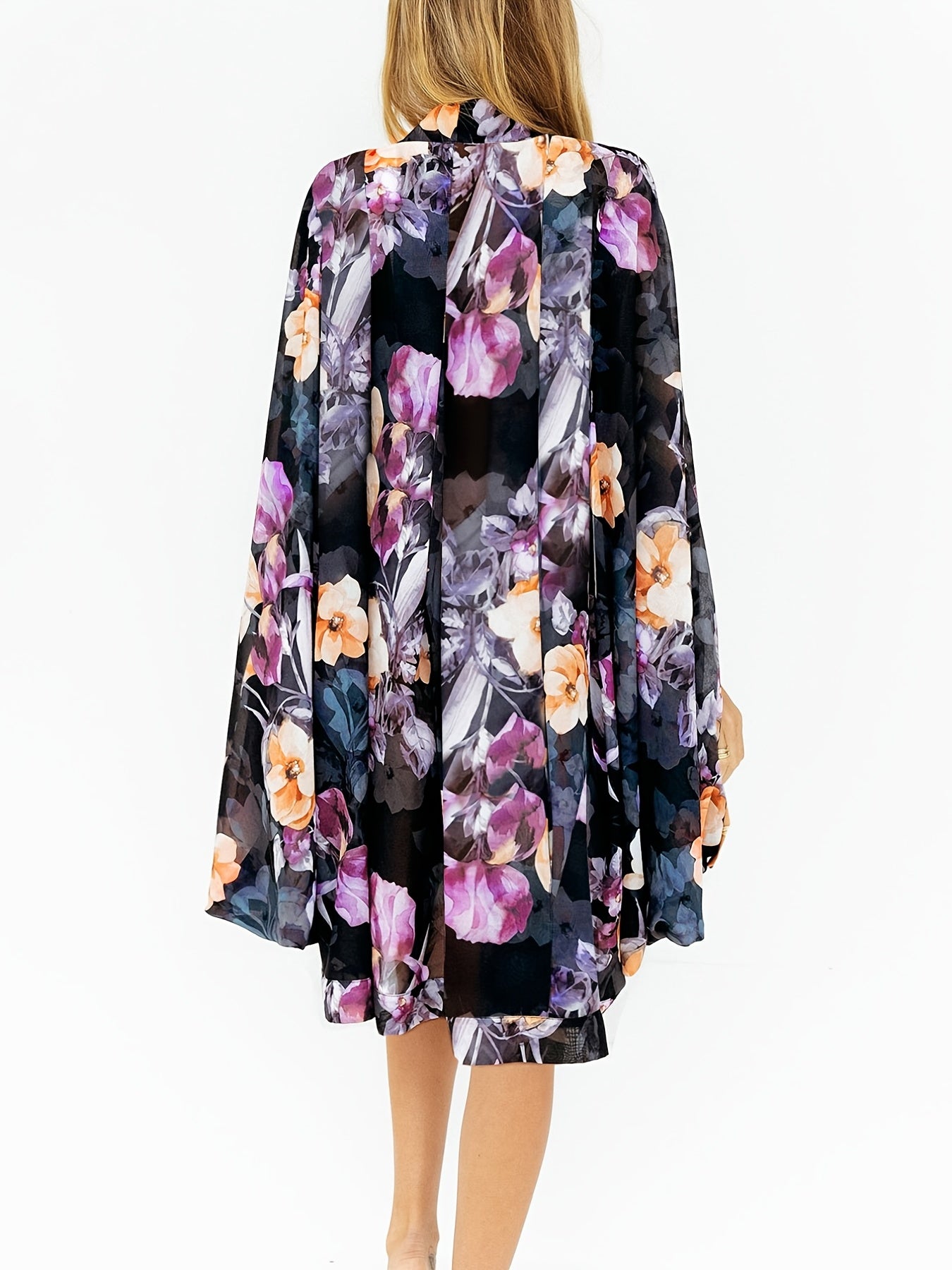 Floral Print Sheer Cover Up Shirt V Neck Long Sleeve Rash Guard Kimono