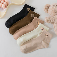 5 Pairs Women's Bear Pattern Earth Tone Tube Socks