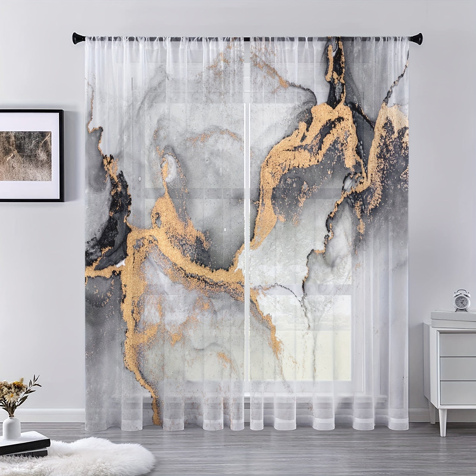 2pcs Marble Print Rod Pocket Curtains for Home Decor and Privacy