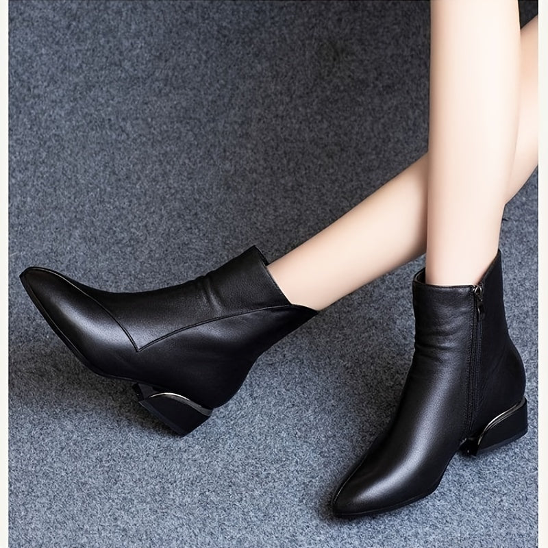 Women's Pointed Toe Ankle Boots Chunky Heel Side Zipper Booties
