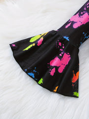 Girl's Trumpet Sleeve Top & Flared Pants Set Colorful Paint Print Outfits