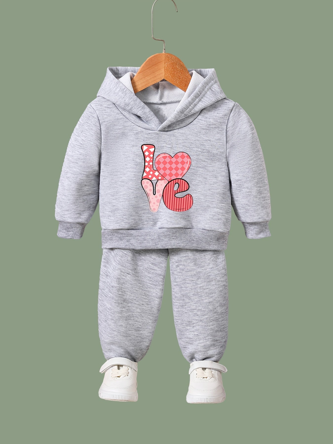 2pcs LOVE Print Heart Graphic Hoodies Pants Set Girls