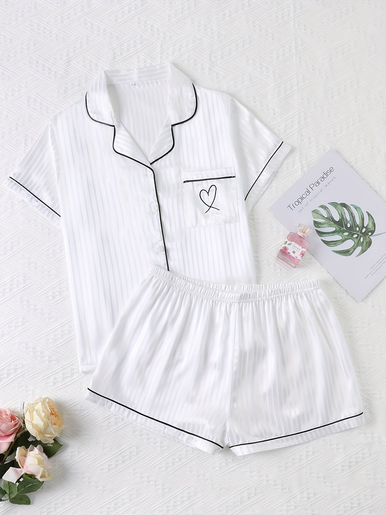 Heart Embroidered Pajama Set - Button Up Shirt & Shorts Loungewear