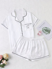 Heart Embroidered Pajama Set - Button Up Shirt & Shorts Loungewear