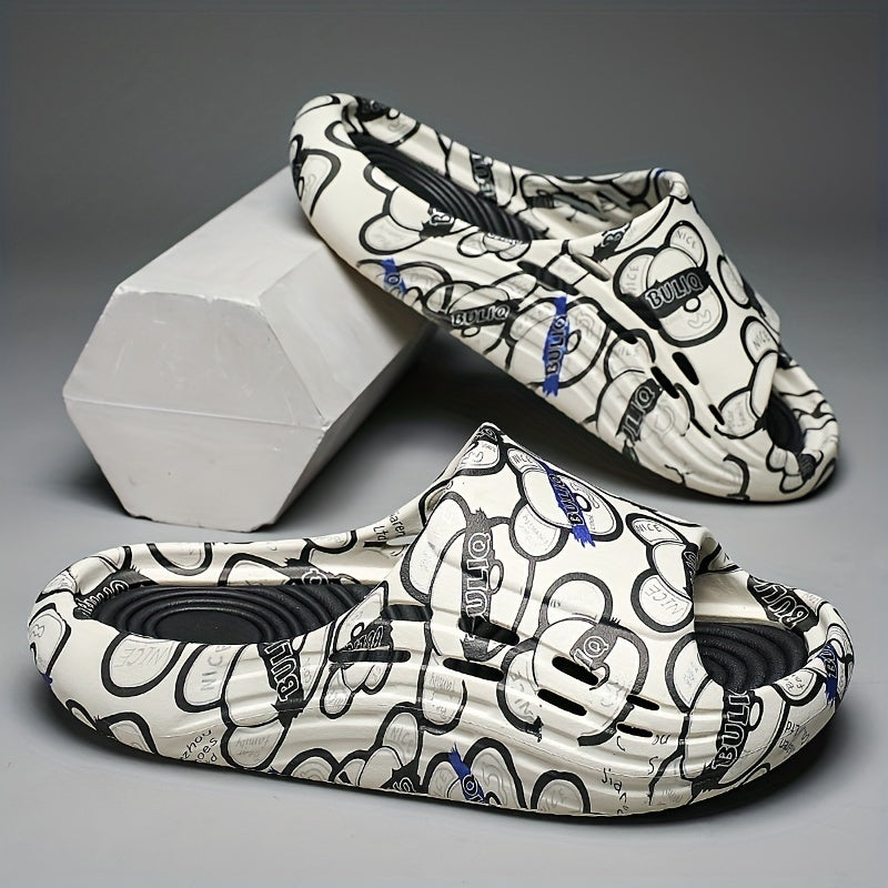 Men's Letter Print Platform Slides, Non Slip Comfort