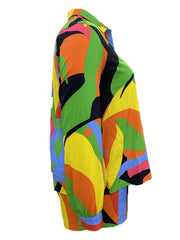 Colorblock Button Up Blouse & Shorts Set