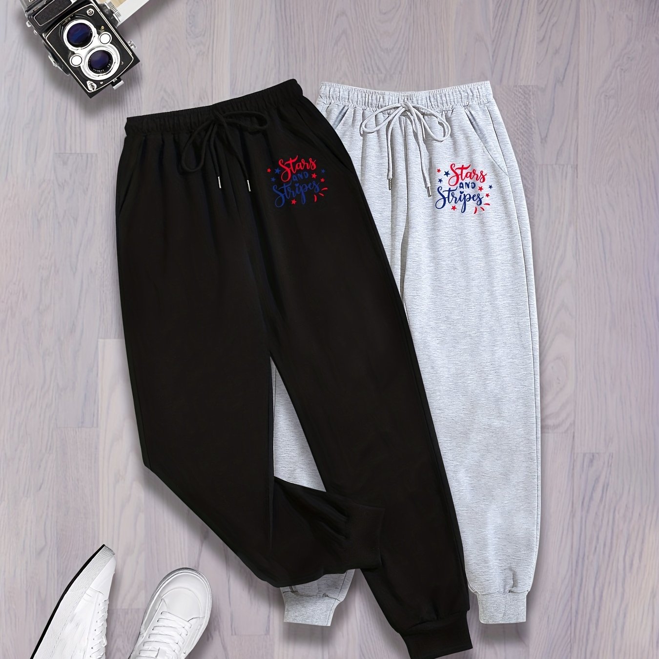 2 Pack Plus Size Sports Pants Women's Plus Letter & Star Print Elastic Waist Dra