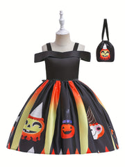 Halloween Witch Cosplay Costume & Bag Off shoulder A line Dress Kid's Dress Up