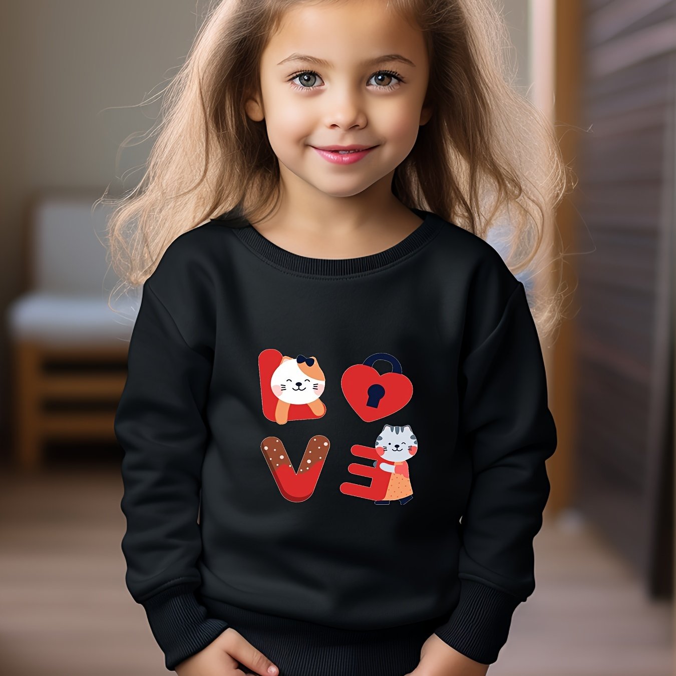 Cats And LOVE Letter Print Girls Pullover Sweatshirt